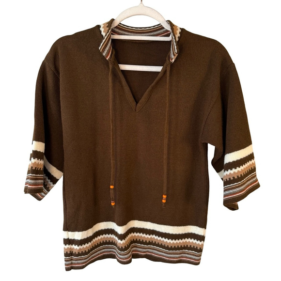None Sweaters - Vintage 70s Boho Brown Striped Sweater Size XS S Retro Unisex Cozy Classic